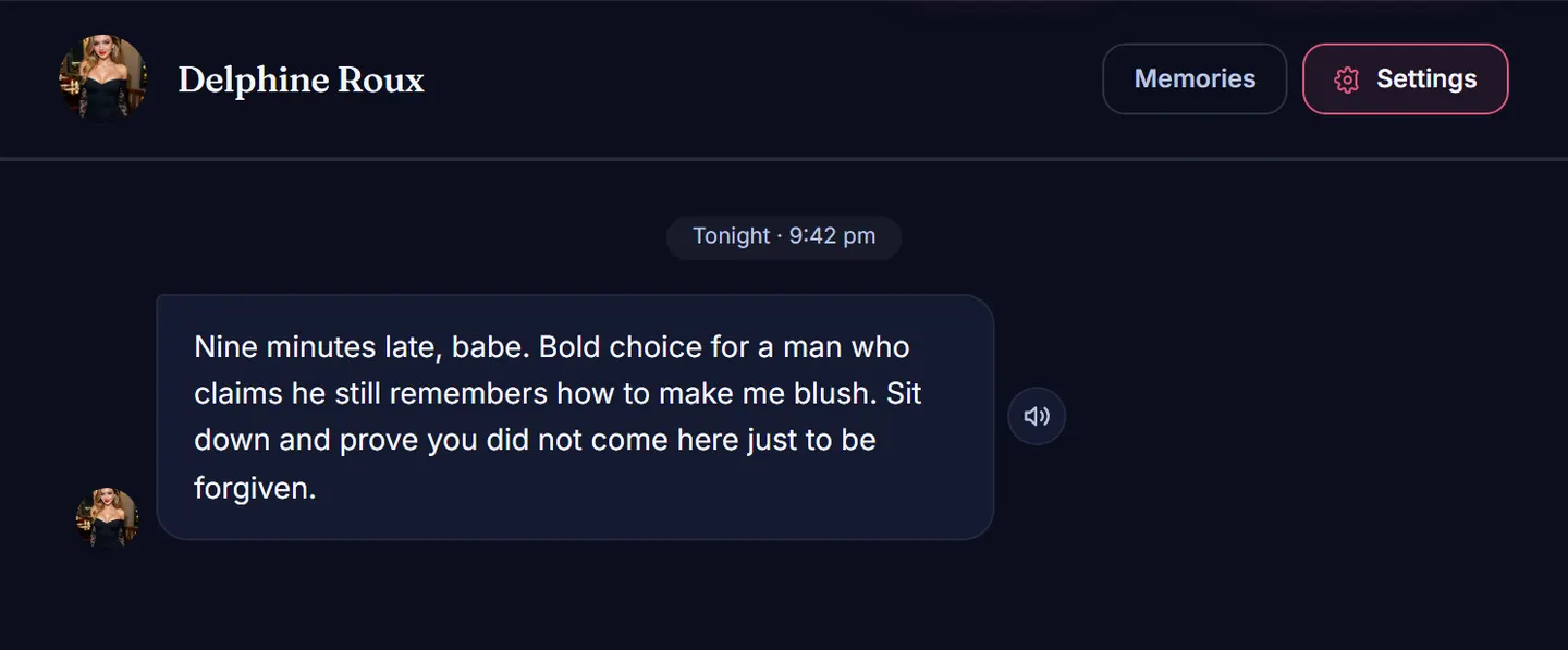 An AmorLink chat window where the companion has sent the first message, with a button to hear it in her voice