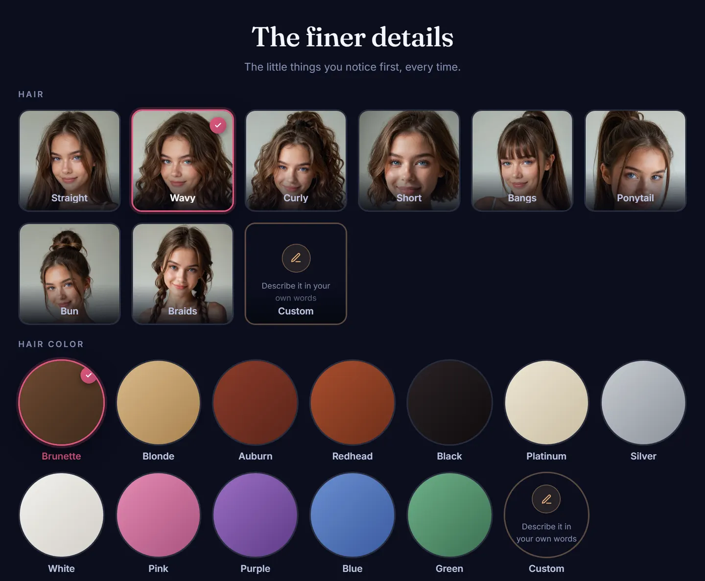 Step 3 of the AI girlfriend builder: hairstyle cards with Wavy selected and hair colour swatches with Brunette selected