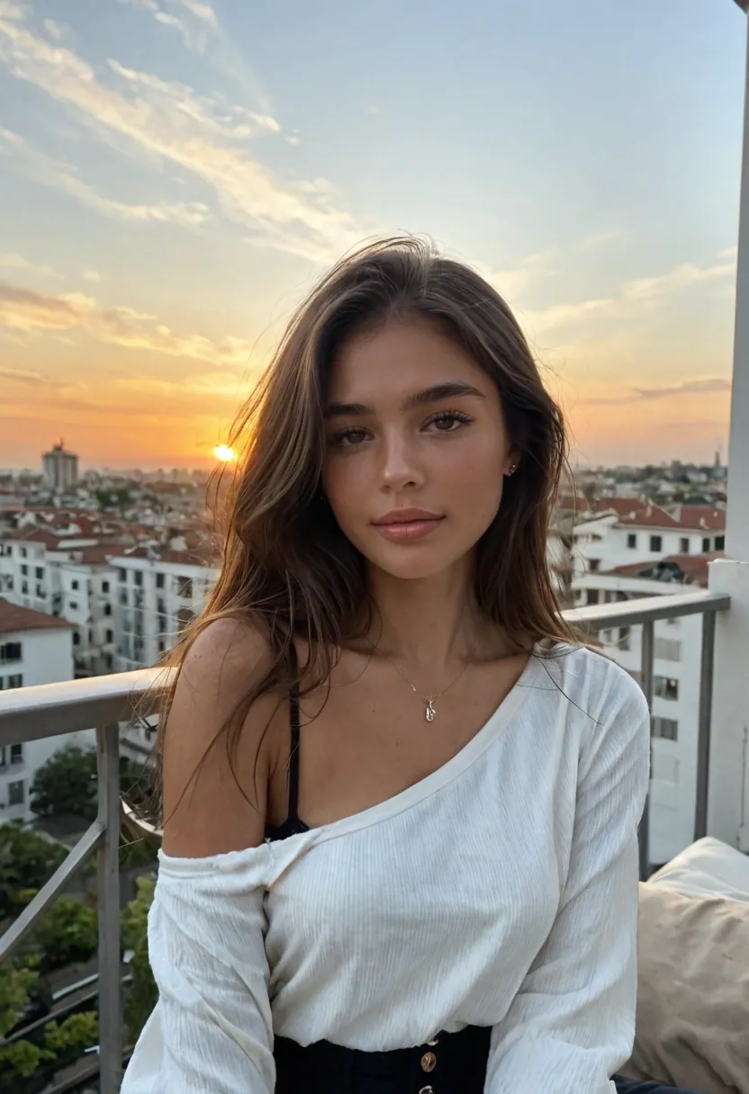 AI girlfriend image generated from the prompt: a woman on a balcony at sunset, oversized linen shirt over a slip dress, city rooftops behind her, low golden backlight through her hair, 35mm