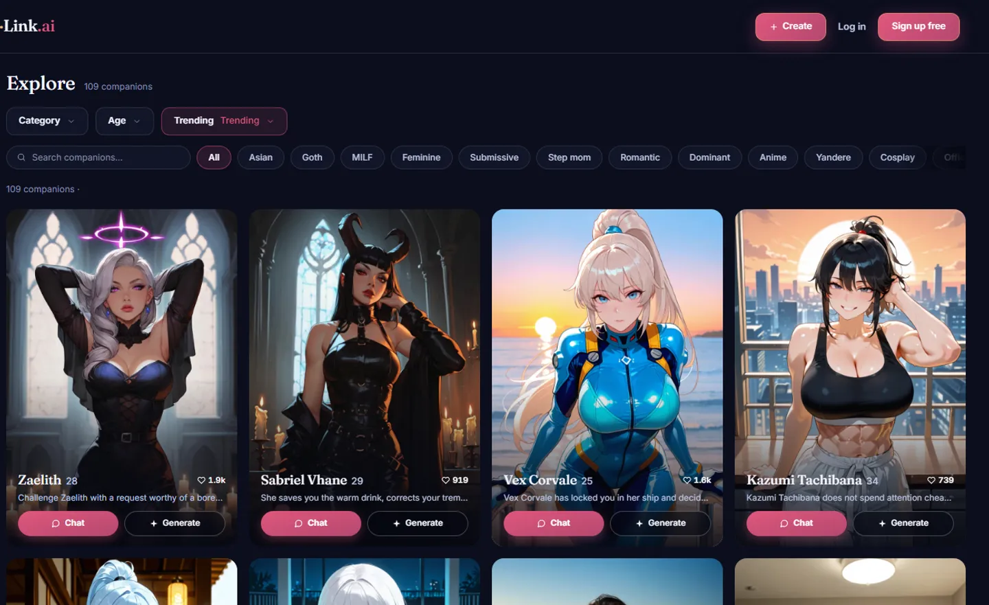AmorLink AI's Explore page showing anime-style companion cards with category and age filters, including Zaelith, Sabriel Vhane, Vex Corvale and Kazumi Tachibana