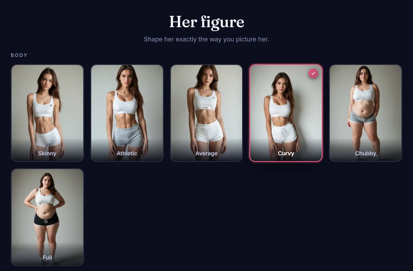 Step 4 of the AI girlfriend builder: body type cards with Curvy selected