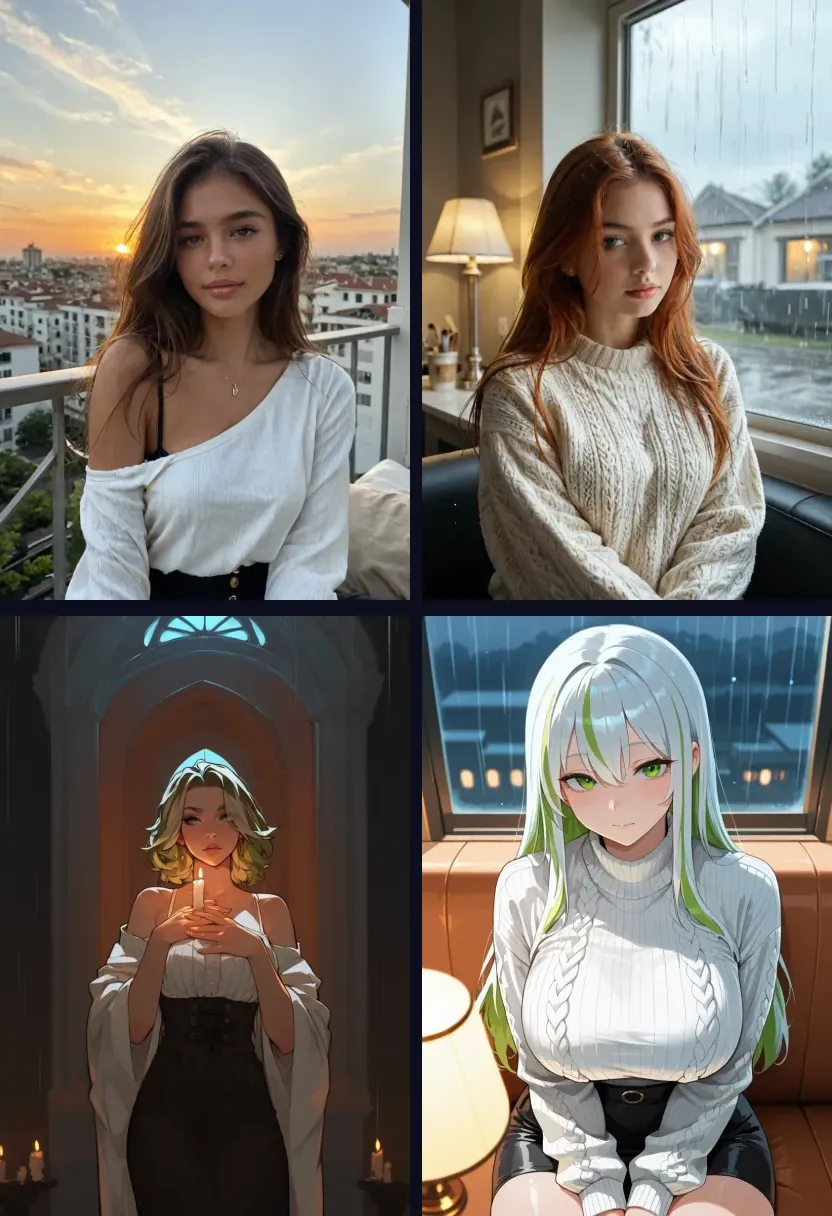 A gallery of four AI girlfriend images generated on AmorLink: a balcony at sunset, a rainy window in realistic and anime styles, and a candlelit mythic scene