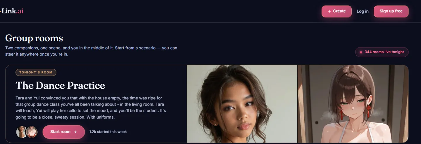 The AmorLink group rooms page header and a featured 'Tonight's Room' card inviting the user into a scene with two companions