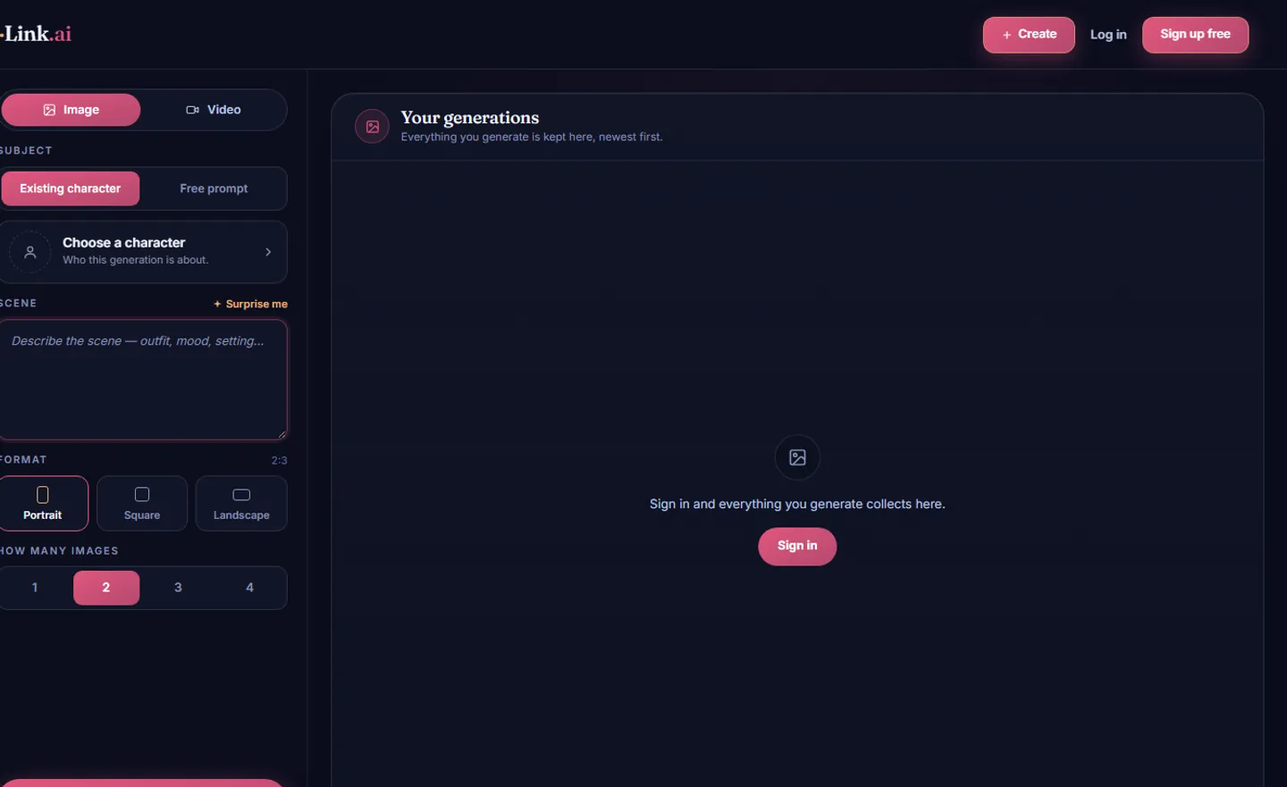 AmorLink AI's image and video generator, with an existing-character toggle, a scene description box, portrait or landscape format and a choice of how many images to generate