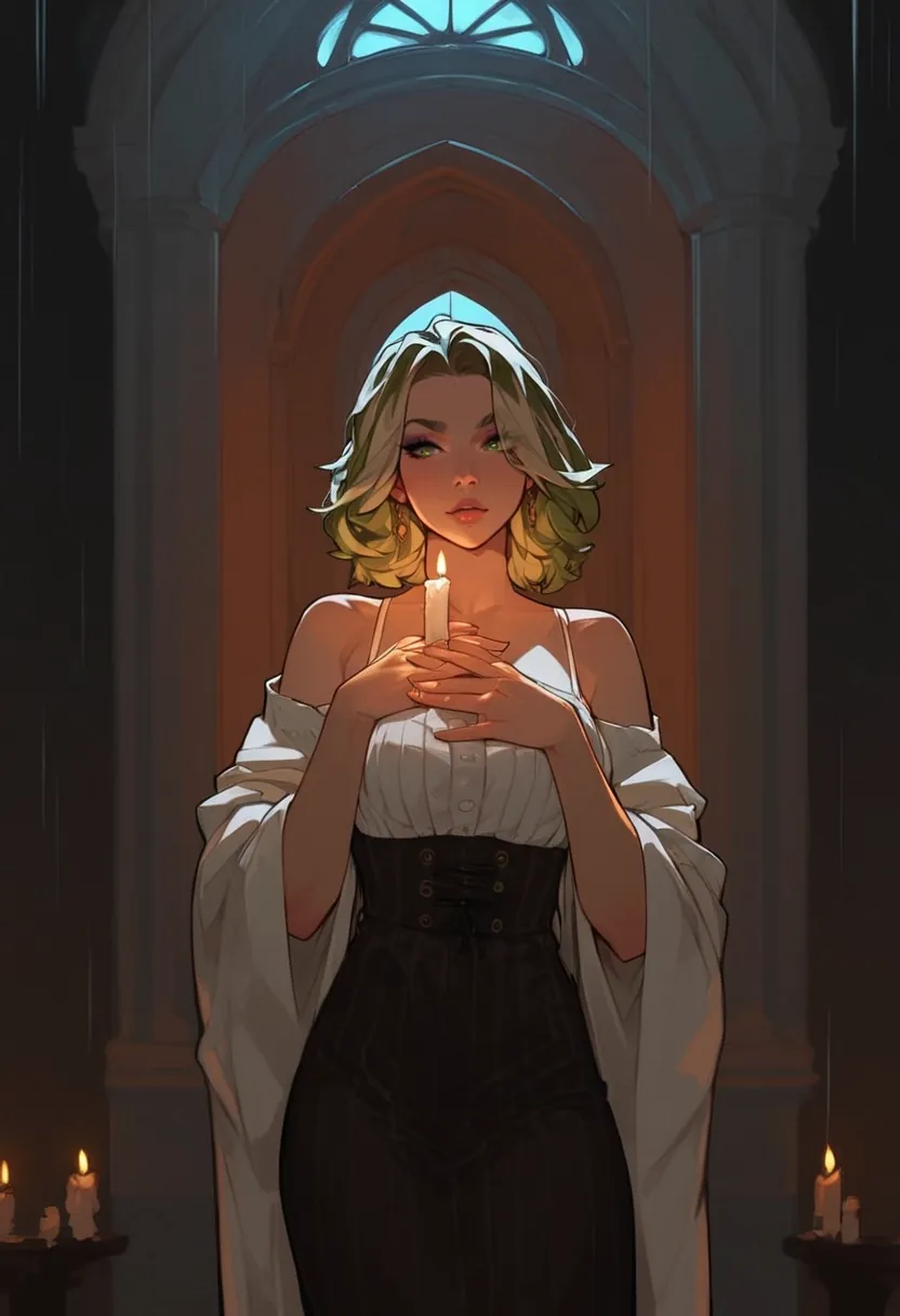 Mythic AI girlfriend image: woman with long copper hair and green eyes, cream cable-knit sweater, sitting by a rain-streaked café window, warm amber lamp light