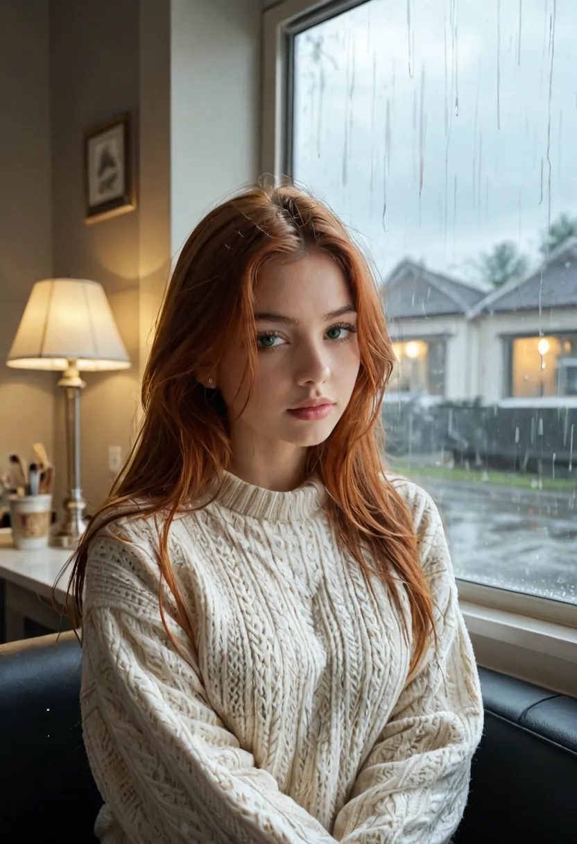 Realistic AI girlfriend image: woman with long copper hair and green eyes, cream cable-knit sweater, sitting by a rain-streaked café window, warm amber lamp light