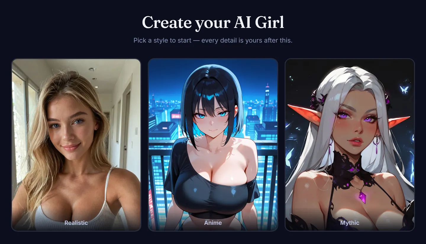 AmorLink's AI girlfriend builder, step 1: choosing a Realistic, Anime or Mythic style