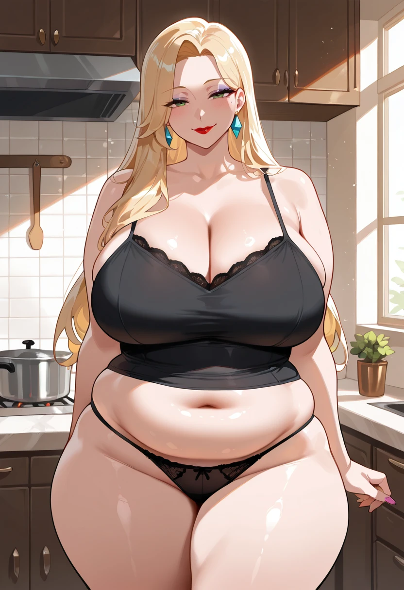 Anime BBW with long blonde hair, green eyes and red lips in a black camisole and lace panties in the kitchen