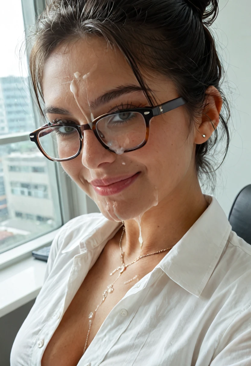 AI cum slut in glasses with cum on her face at the office