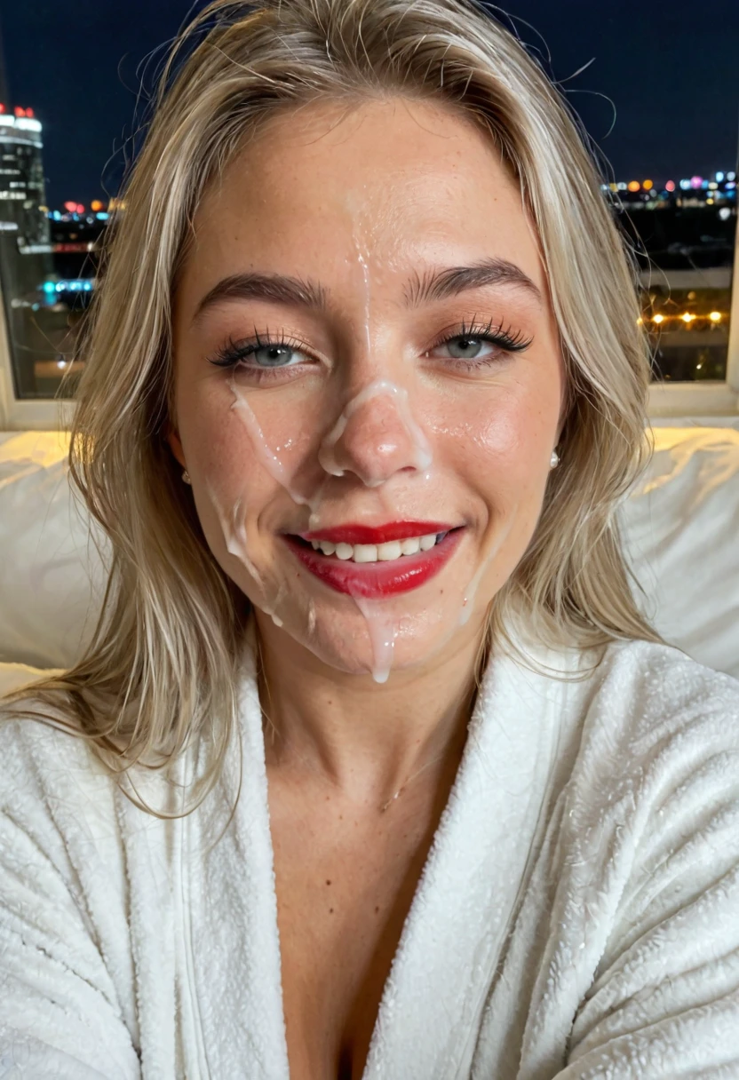 AI cum facial close-up of a blonde with red lipstick in a white hotel bathrobe, smiling with cum across her face, city lights behind
