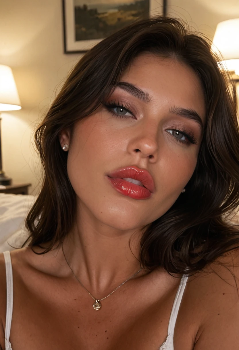 Close-up of a dark-haired woman leaning in with her red lips parted, as if whispering