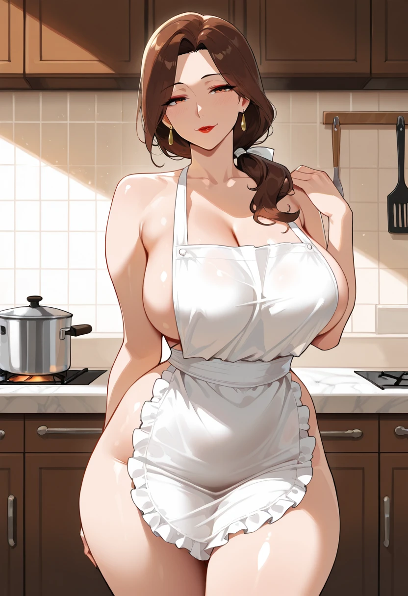 Hentai of a curvy brunette in her 40s wearing only a white apron in the kitchen