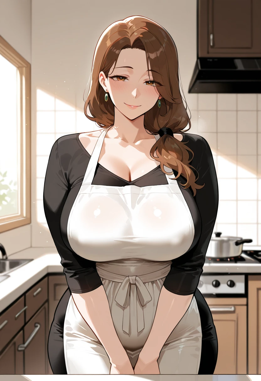 Anime AI MILF in an apron in the kitchen