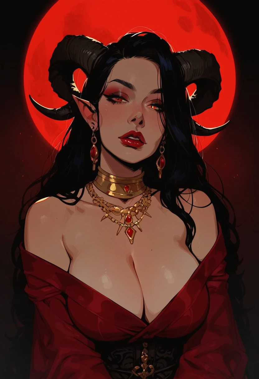 Succubus with black ram horns and gold jewelry, a red silk robe slipping off her shoulders under a blood-red moon